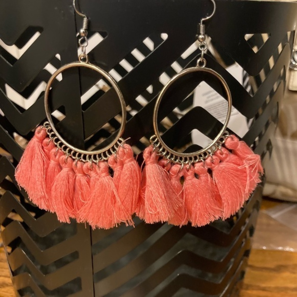 Coral Fringe Tassel Hoop Earrings NEW